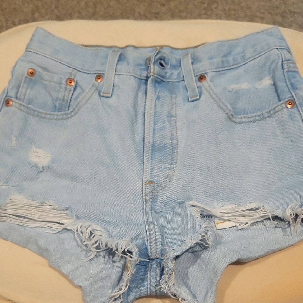 Levis Light Blue Distressed Denim Shorts